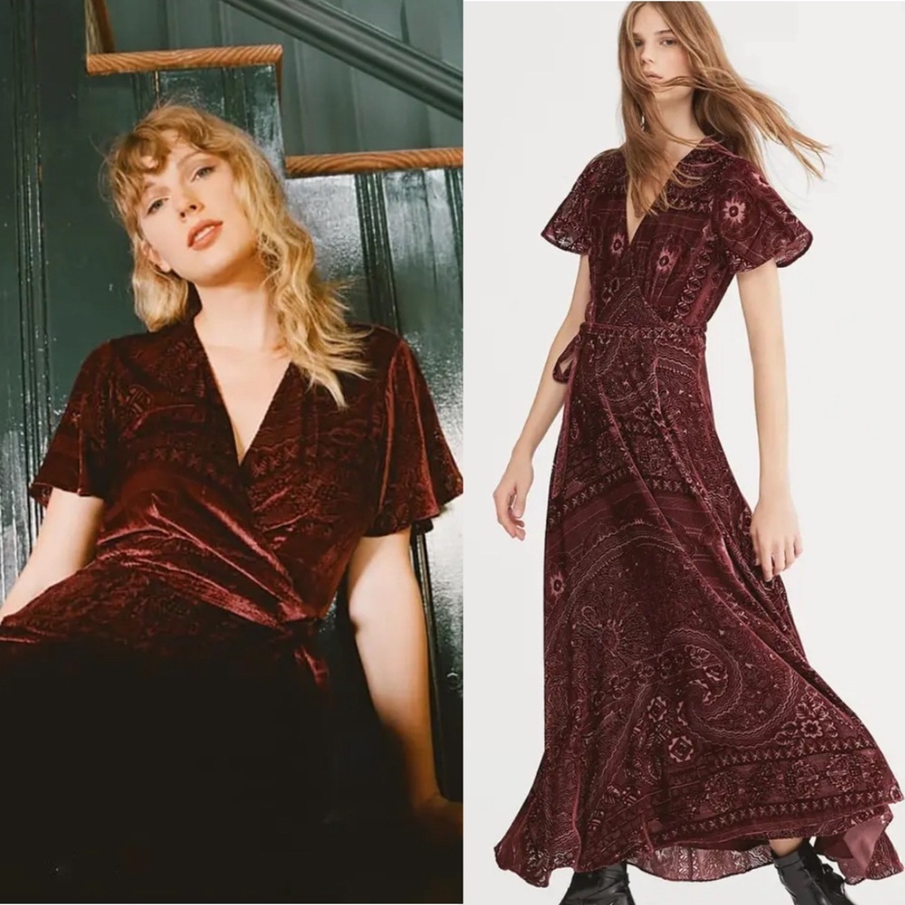 Polo Ralph Lauren Velvet Burnout Wrap Maxi Dress Taylor Swift Silk Maroon Gown M